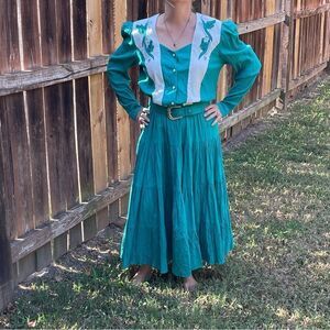 Vtg 80s/90s Lillia Smitty turquoise crinkle cloth layered‎ skirt western dress